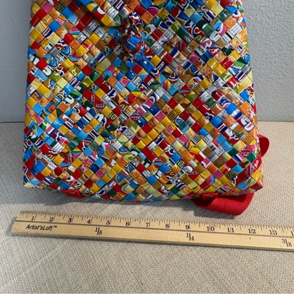 Colorful Handmade Upcycled Woven Backpack with Red‎ Straps - Picture 9 of 10